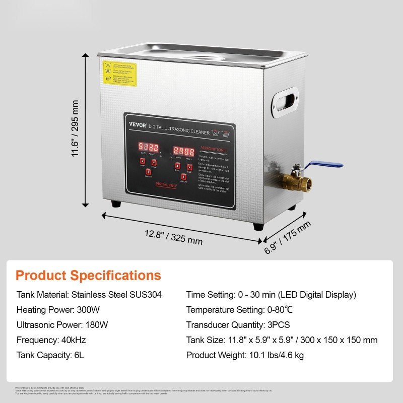 Ultraäänipesuri ruostumaton teräs 6L säiliö 40kHz digitaalinen ajastin lämmityksellä