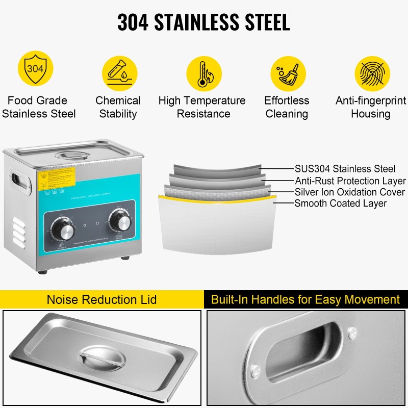 Ultraäänipesuri 3 l 304-ruostumaton teräs 40kHz nuppisäädettävä lämmitys ajastin