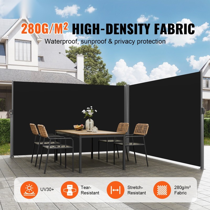 Sivumarkiisi alumiinirunko 180x600 cm PU-pinnoitettu 280 g/m² polyesterikangas musta terassille