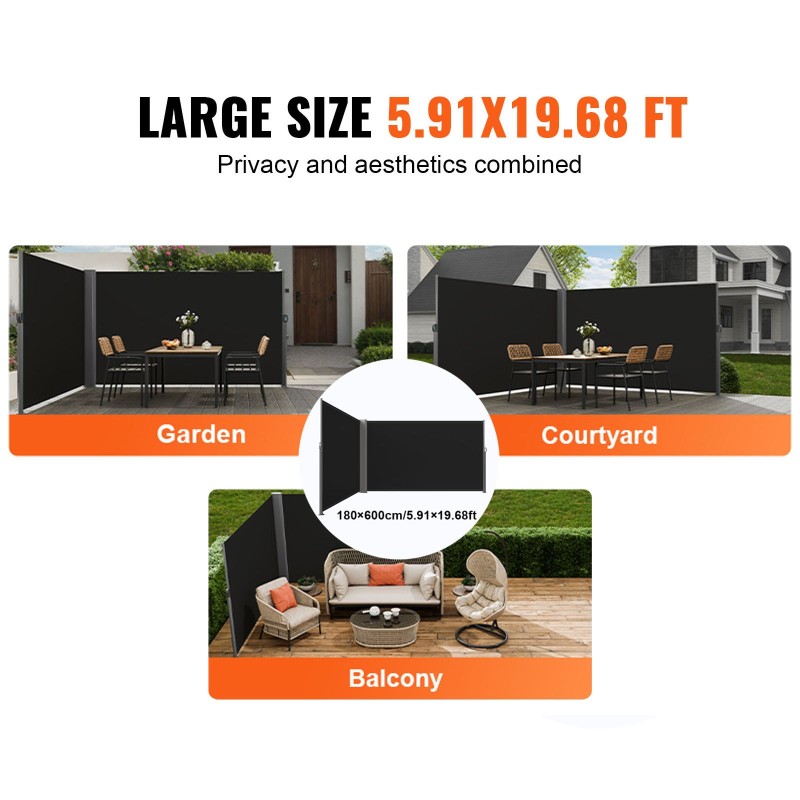 Sivumarkiisi alumiinirunko 180x600 cm PU-pinnoitettu 280 g/m² polyesterikangas musta terassille