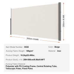 Sivulle vedettävä terassikaihdin 200×300 cm 180 g/m² PU-pinnoitettu polyesteri UV30+ beige