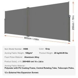 Vedettävä sivumarkiisi 200×600 cm polyesterikangas 180 g/m² PU-pinnoite harmaa ulkokäyttö rautarunko
