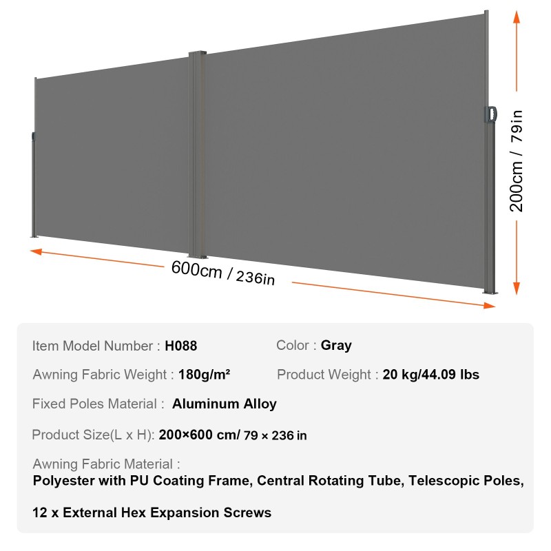 Vedettävä sivumarkiisi 200×600 cm polyesterikangas 180 g/m² PU-pinnoite harmaa ulkokäyttö rautarunko