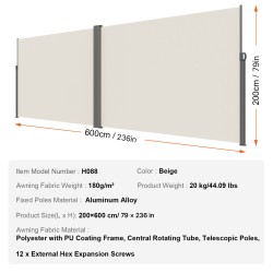 Pidentyvä sivumarkiisi 180g/m² polyesteri PU-pinnoite 200×600 cm beige