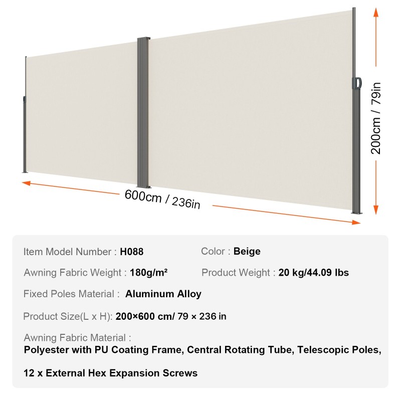 Pidentyvä sivumarkiisi 180g/m² polyesteri PU-pinnoite 200×600 cm beige