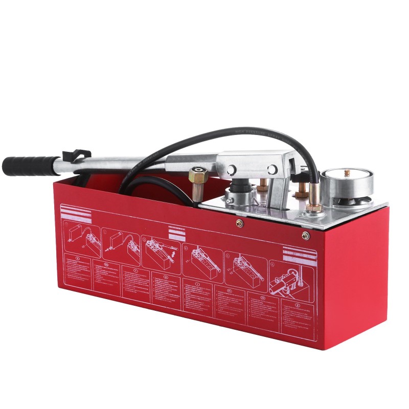 Hydraulinen käsikäyttöinen painetestauspumppu teräsrunko 12 l säiliö 50 bar putkistoille