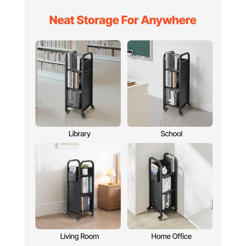 Kirjakärry hiili ja kylmävalssattu teräsrunko 100 kg kantavuus 3 hyllyä 32x35x93,5 cm