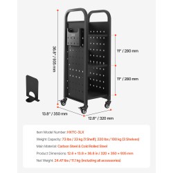 Kirjakärry hiili ja kylmävalssattu teräsrunko 100 kg kantavuus 3 hyllyä 32x35x93,5 cm