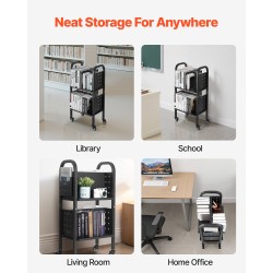 Kirjakärry hiiliteräs 45×33×88 cm 70 kg kaksipuoliset L-muotoiset hyllyt lukittavat pyörät