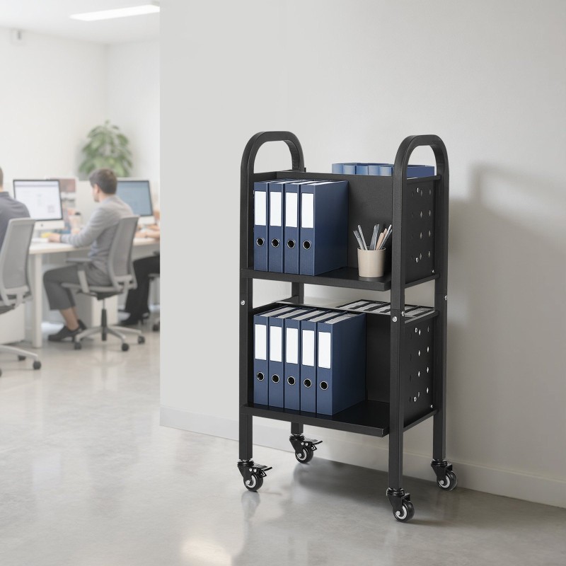 Kirjakärry hiiliteräs 45×33×88 cm 70 kg kaksipuoliset L-muotoiset hyllyt lukittavat pyörät