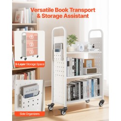 Kirjakärry 3 L-muotoista hyllyä hiiliteräs 150 kg kantavuus lukittavat pyörät valkoinen