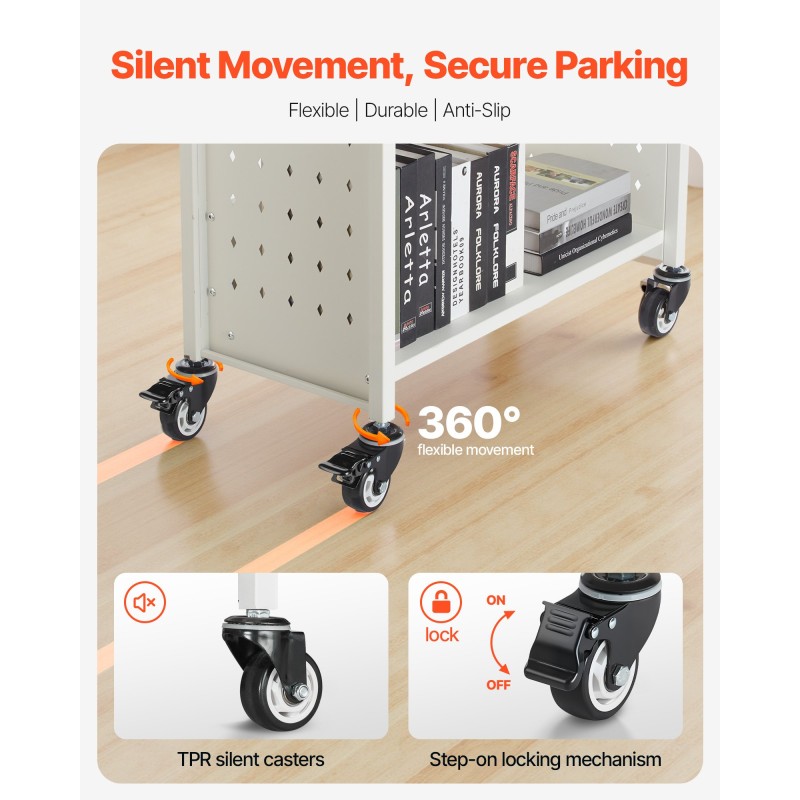 Kirjakärry 3 L-muotoista hyllyä hiiliteräs 150 kg kantavuus lukittavat pyörät valkoinen