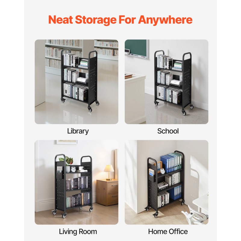 Kirjakärry hiiliteräs 150 kg 77x38x122 cm L-hyllyt 76,2 mm lukittavat pyörät musta