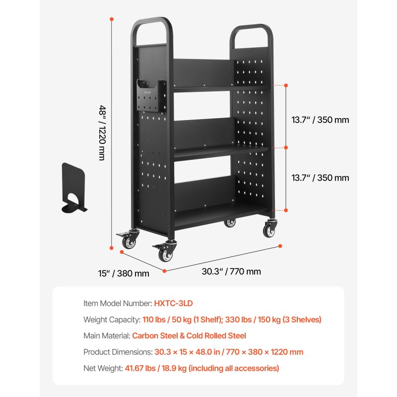 Kirjakärry hiiliteräs 150 kg 77x38x122 cm L-hyllyt 76,2 mm lukittavat pyörät musta