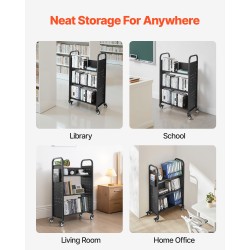 Kirjakärry hiiliteräksinen runko 3 V-muotoiset yksipuoliset hyllyt 150 kg 770x380x1220 mm