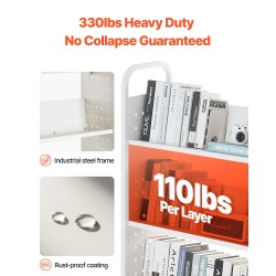 Kirjavaunu hiiliteräsrunko 3 V-muotoista hyllyä 150 kg 770x380x1220 mm lukittavat pyörät valkoinen