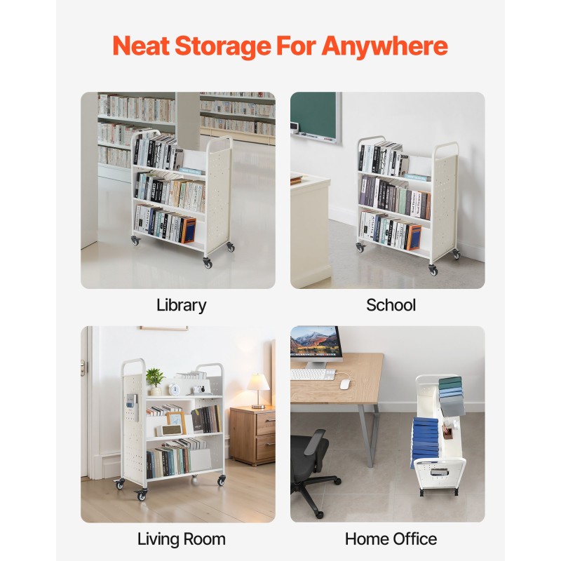 Rullaava kirjakärry hiiliteräs kaksipuoleiset W-muotoiset hyllyt 150 kg kapasiteetti lukittavat pyörät