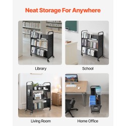 Pyörällinen kirjakärry hiiliteräs 150 kg kantavuus kaksipuoliset W-muotoiset hyllyt