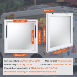 Myyntiluukku alumiiniseosrunko 943 x 943 mm ruokavaunuun avautuu jopa 85 astetta