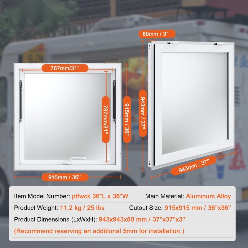 Myyntiluukku alumiiniseosrunko 943 x 943 mm ruokavaunuun avautuu jopa 85 astetta