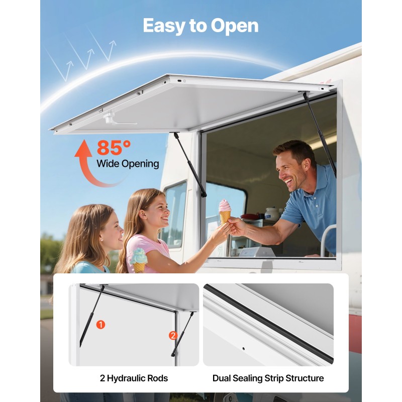 Myyntiluukku alumiiniseosrunko 1374x866x80 mm markiisiovella ruokarekkoihin ja kioskeihin