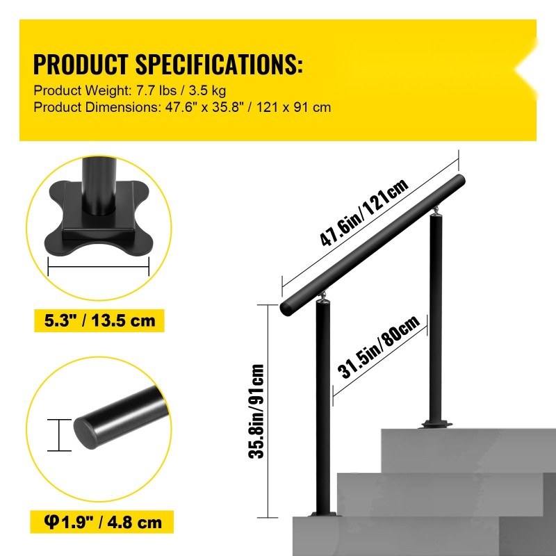 Alumiini- ja rautakaide ulkoportaisiin 1–4 portaalle säädettävä 0–45° musta