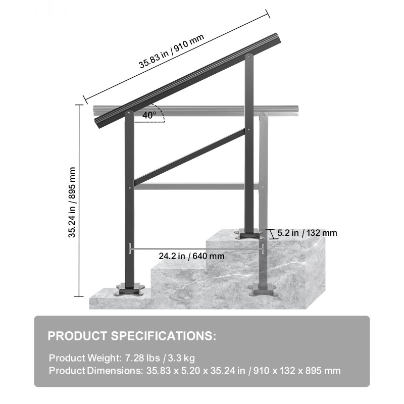 Alumiininen ulkoportaiden kaide 91 x 89,5 cm sopii 2–3 portaisiin musta ruuvisarja