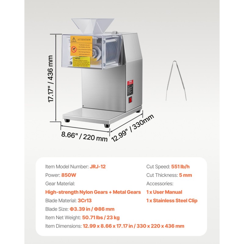 Lihaleikkuri 850W ruostumaton teräs 5 mm irrotettavat terät kotiin ravintolaan