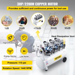 Öljytön paineilmakompressori 80 litran teräksinen säiliö 2200 wattinen kuparimoottori hiljainen pyörällinen