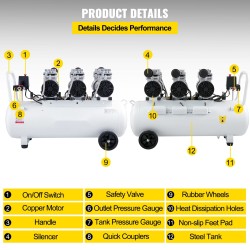 Öljytön paineilmakompressori 80 litran teräksinen säiliö 2200 wattinen kuparimoottori hiljainen pyörällinen
