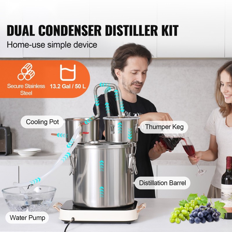 Tislain 50 L ruostumaton teräs kotitislaukseen kuparikierukalla ja väliastialla