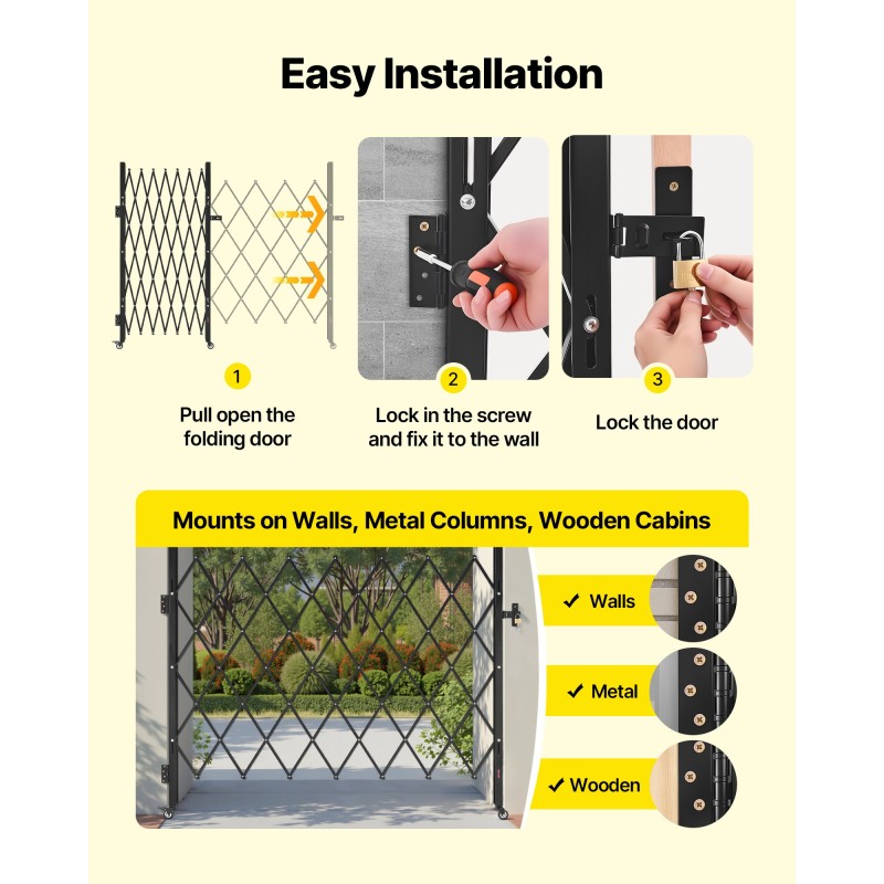 Teräksinen yksiosainen taitettava turvaportti 180 cm leveä 161 cm korkea salpalukolla pyörillä