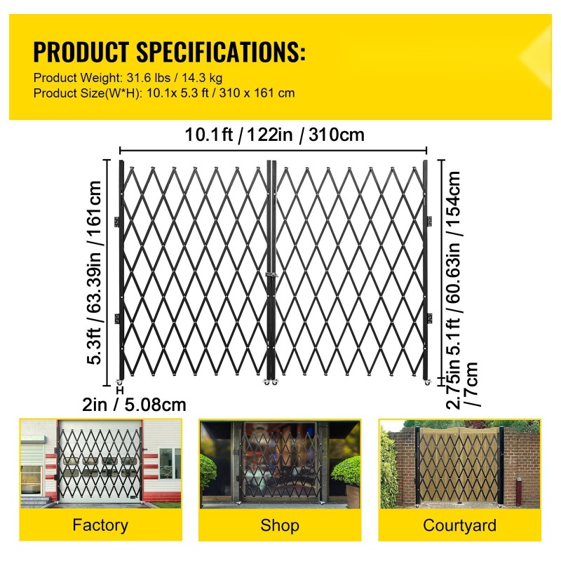 Kaksiosainen taittuva turvaportti 14-luokan kanavateräs leveys 310 senttimetriä korkeus 154 senttimetriä musta