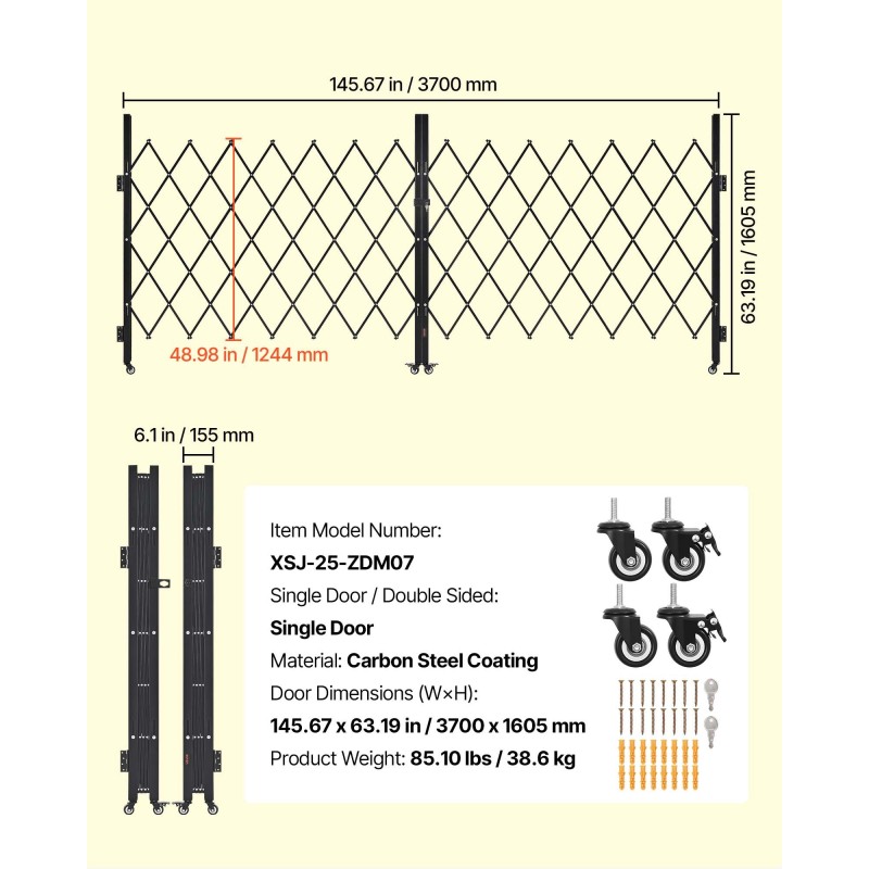Kaksinkertainen taittuva teräsinen turvaportti 370 x 160,5 cm lukittavat 360° kääntyvät pyörät