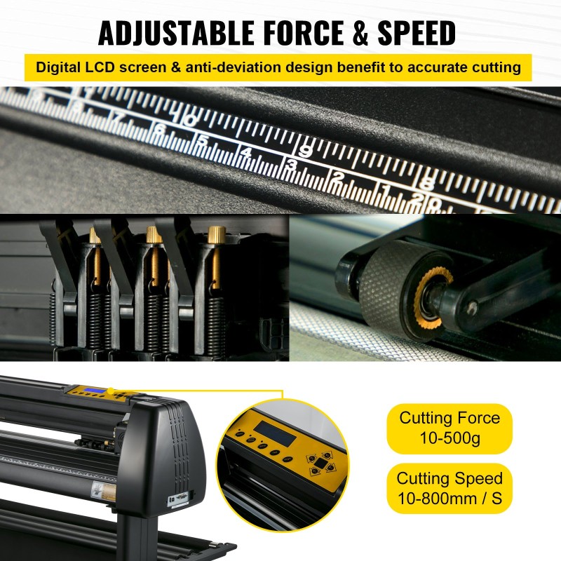 34-tuumainen vinyylileikkuri säädettävällä leikkausvoimalla ja nopeudella lattiatelineellä