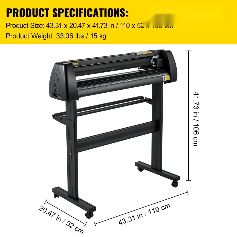 34-tuumainen vinyylileikkuri säädettävällä leikkausvoimalla ja nopeudella lattiatelineellä