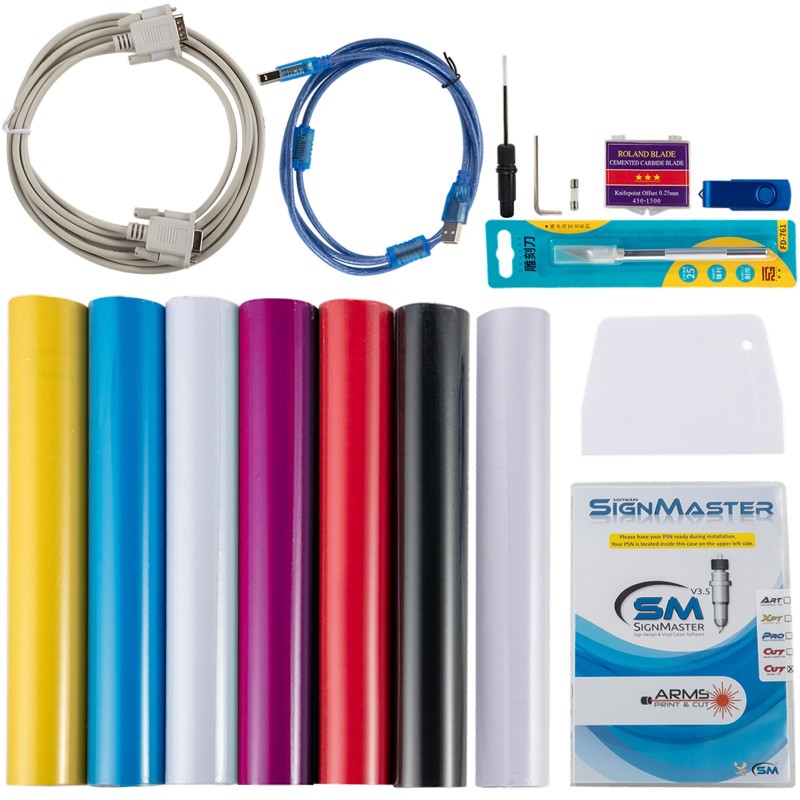 14-tuumainen vinyylileikkuri maksimi 375 mm syöttö 285 mm leikkuuleveys teräspaine 10–500 g