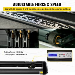 Vinyylileikkuri alumiinirunko 34 tuuman syöttö 780 mm leikkausleveys kolme terää LCD-näyttö jalustalla