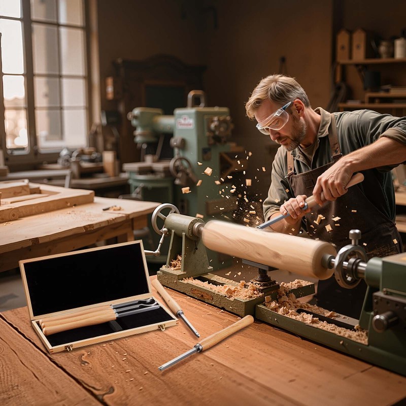 6-osainen puusorvan työkalusarja kovametalliterillä puukahvoilla ja puisella säilytyslaatikolla