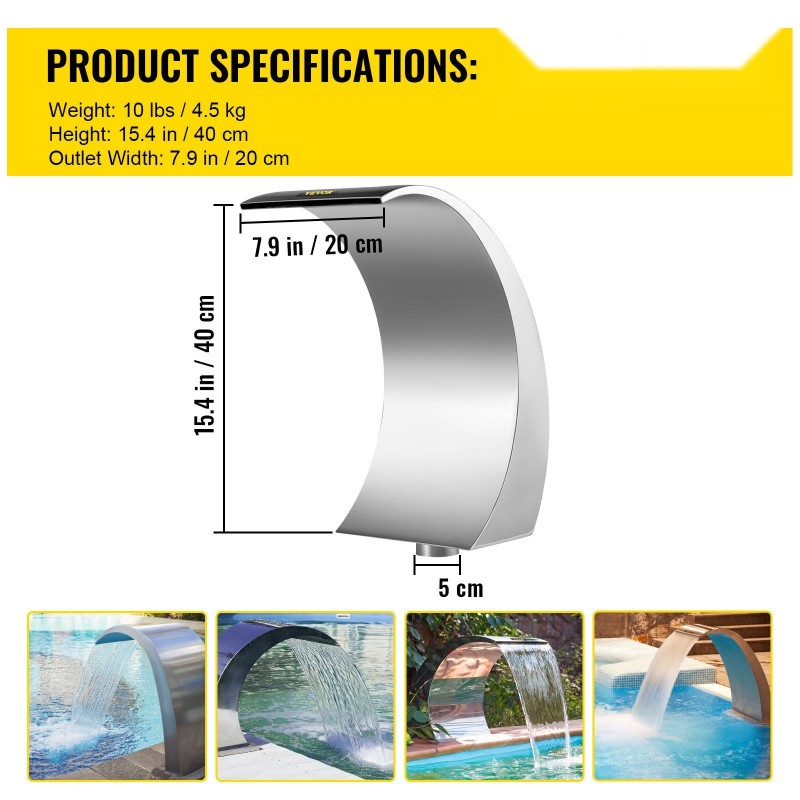 Allasvesiputous ruostumatonta terästä 40 cm korkeus 20 cm leveys altaaseen puutarhaan