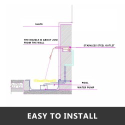 Ruostumattomasta teräksestä valmistettu suorakulmainen allassuihkulähde 45×11×8 cm LED-valonauhalla uima-altaisiin