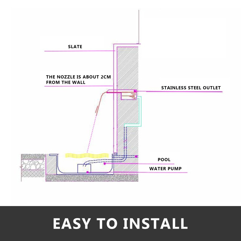 Ruostumattomasta teräksestä valmistettu suorakulmainen allassuihkulähde 45×11×8 cm LED-valonauhalla uima-altaisiin