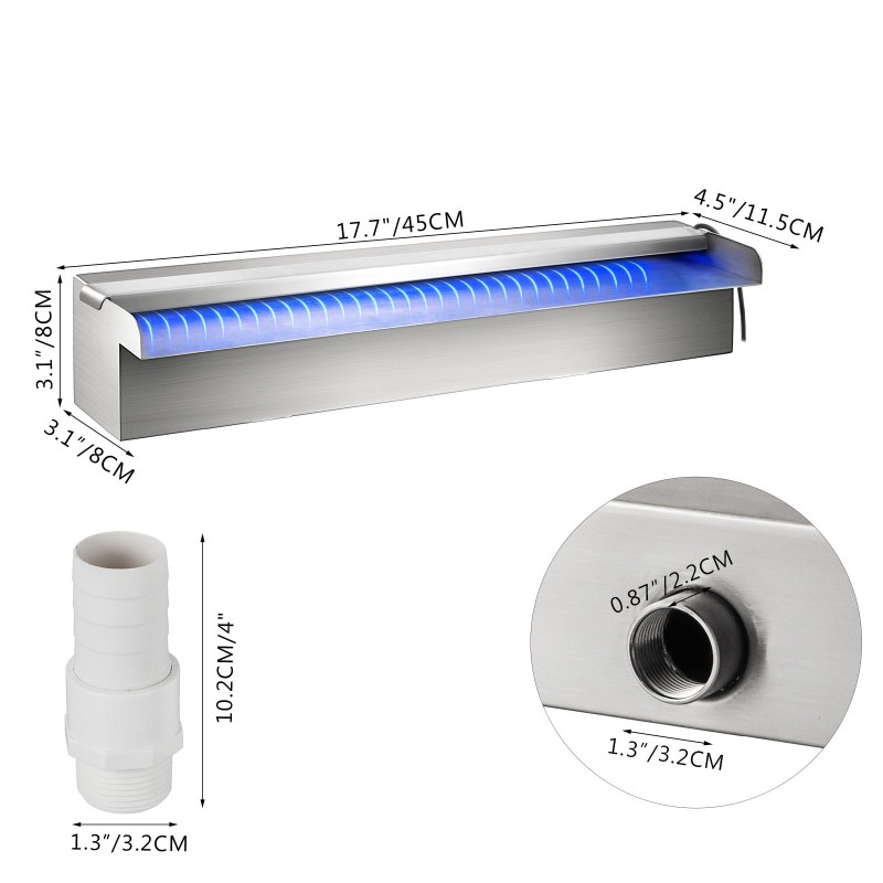 Ruostumattomasta teräksestä valmistettu suorakulmainen allassuihkulähde 45×11×8 cm LED-valonauhalla uima-altaisiin