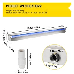 Ruostumaton teräs vesiputousallas 90×11,5×8 cm monivärisellä LEDillä puutarhaan ja altaaseen
