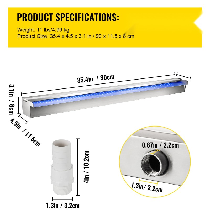 Ruostumaton teräs vesiputousallas 90×11,5×8 cm monivärisellä LEDillä puutarhaan ja altaaseen