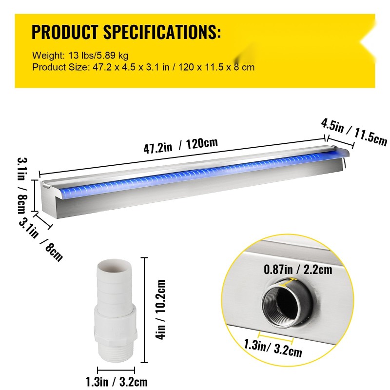 Vesiputoussuutin ruostumattomasta teräksestä 120×11,5×8 cm monivärisellä LED-valonauhalla kaukosäätimellä