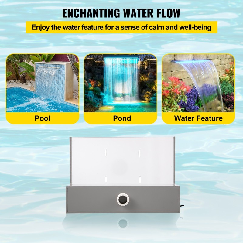 Akryylinen vesiputousallas 30×20×8 cm sinisellä LED-valonauhalla uima-altaisiin ja lampiin