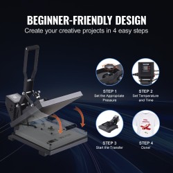 Lämpöprässi 38 x 38 cm Teflon-pinnoitettu 1200W silikonipehmuste tekstiilien siirtokuvapainatukseen