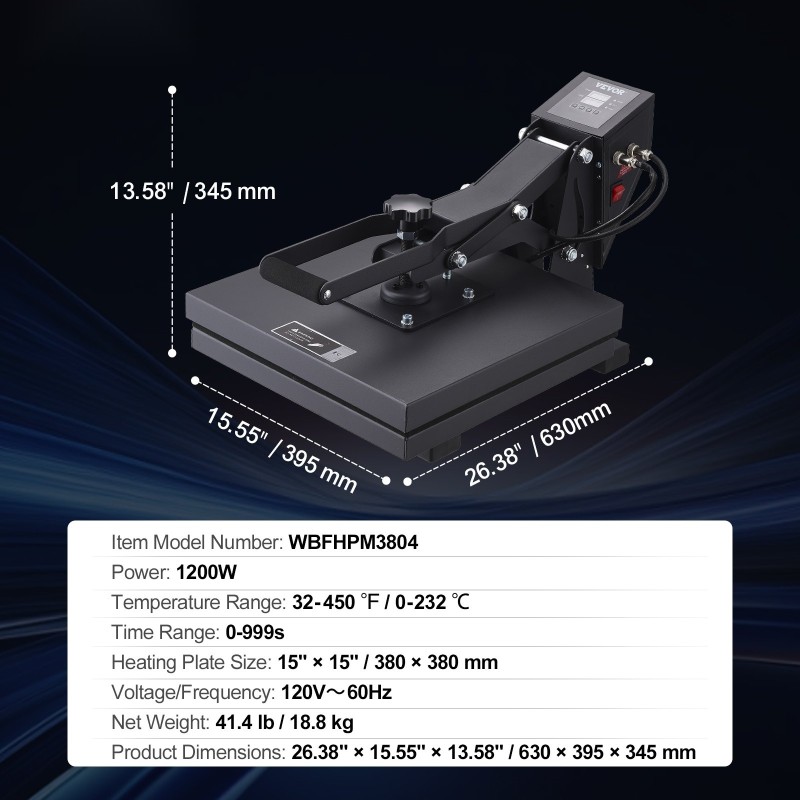 Lämpöprässi 38 x 38 cm Teflon-pinnoitettu 1200W silikonipehmuste tekstiilien siirtokuvapainatukseen
