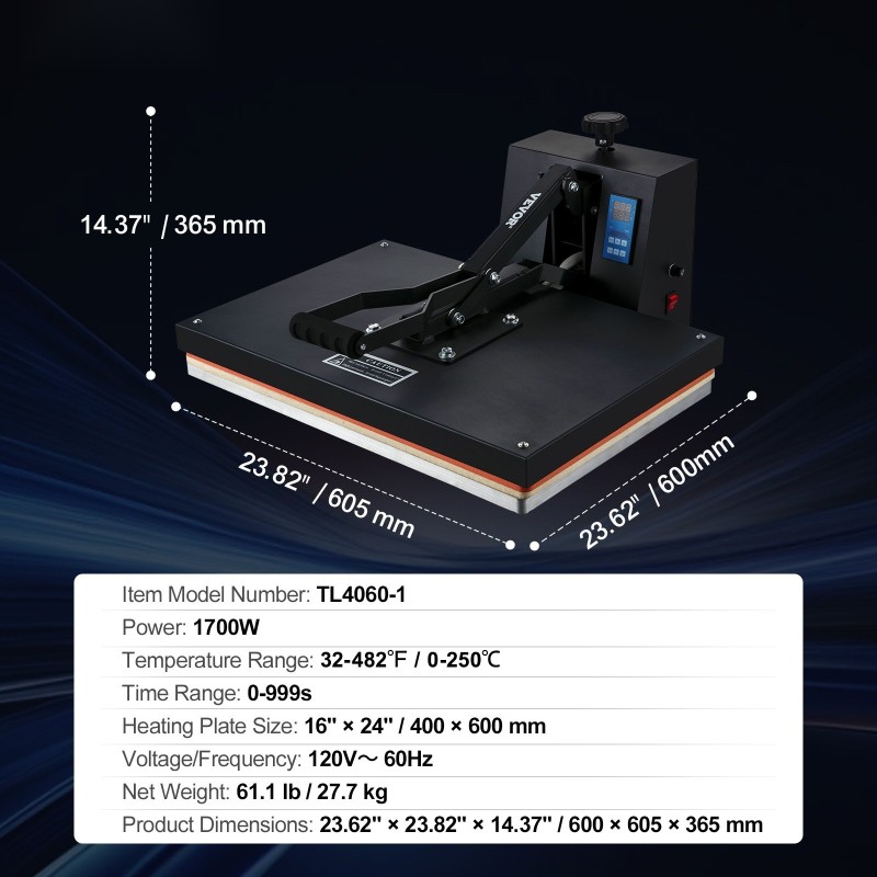 Lämpöprässi 40,6x61 cm teollisuuslaatuinen kannellinen Teflon-pinnoitettu tekstiileille